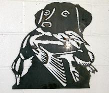 Metal wall art lab with duck.